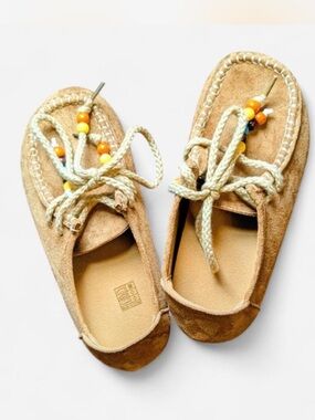 Tan Suede Moccasin Shoes with Beaded Laces